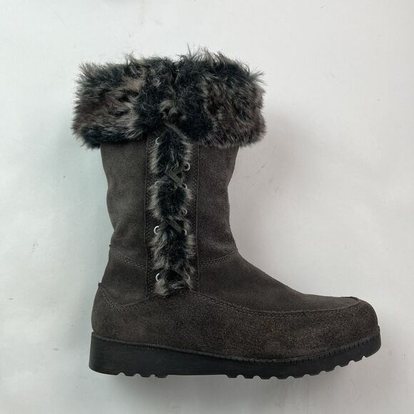 White Mountain Gray Suede Boots 7.5 Fur Lined Mid Calf Cabincore Comfy Winter - Picture 5 of 11